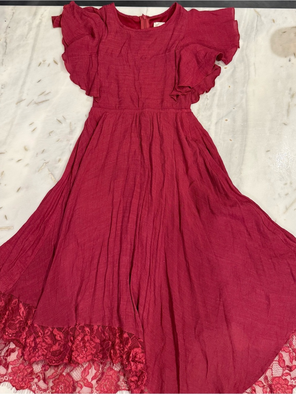 Joyfolie Raspberry Red Flutter Sleeve Lace-Hem Dress